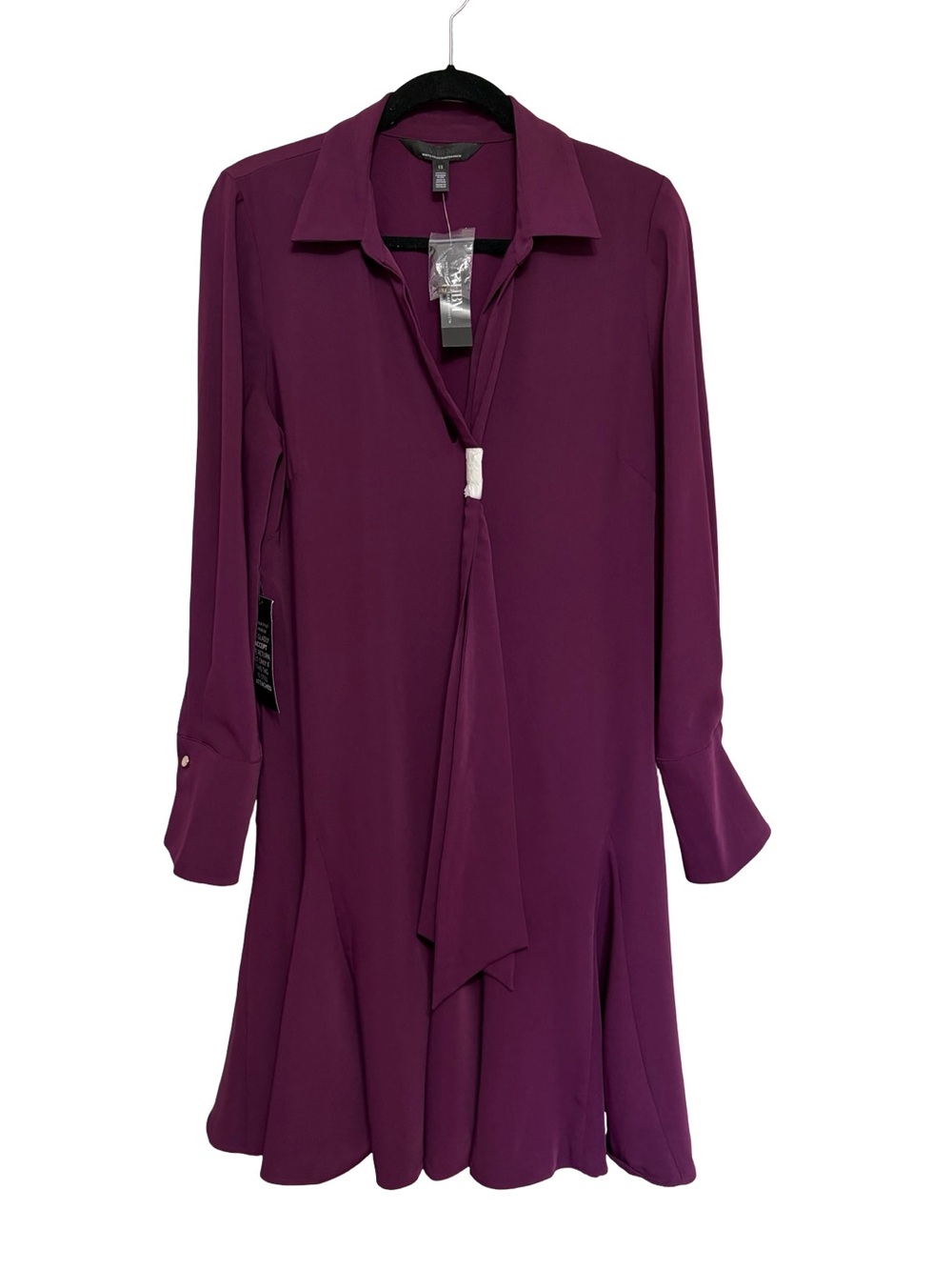 NEW WHBM Long Sleeve Tie Neck Godet Mini Dress in Rich Plum Purple - Size 12 - Picture 3 of 10